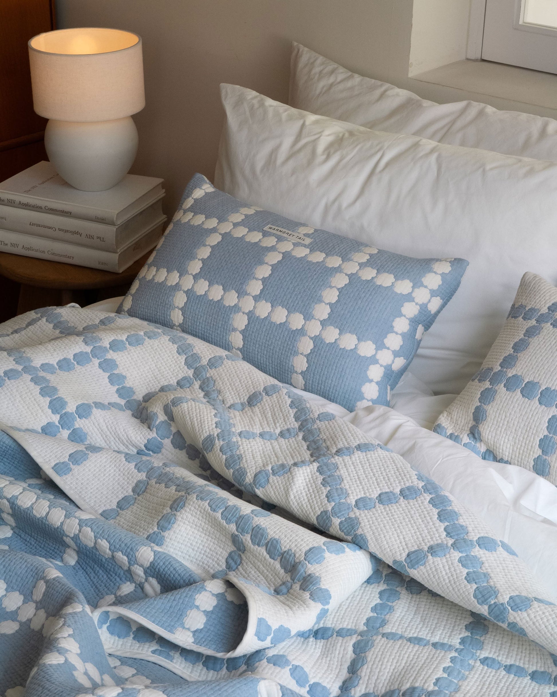 WARMGREY TAIL Blossom Check Cotton Modal Cushion & Pillow Case Blue Base