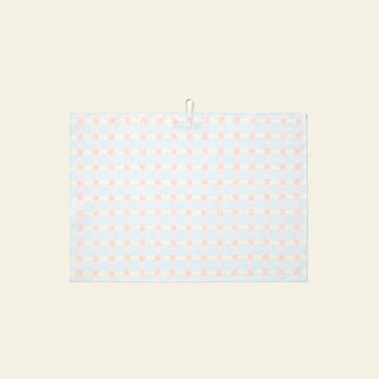 The WARMGREY TAIL Dot Check Kitchen Cloth 2 features a light blue and pale pink checkered design on beige, with a handy hanging loop for added practicality and style.