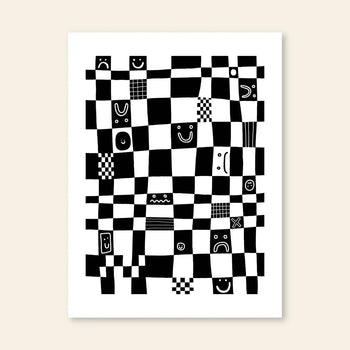 The Wobbly Studio Checkmate (30x40) by Wobbly Studio features a digitally printed black and white checkerboard with simple faces and abstract designs on a light beige background, inspired by Marie Chanteur’s Emotional Checkmate.