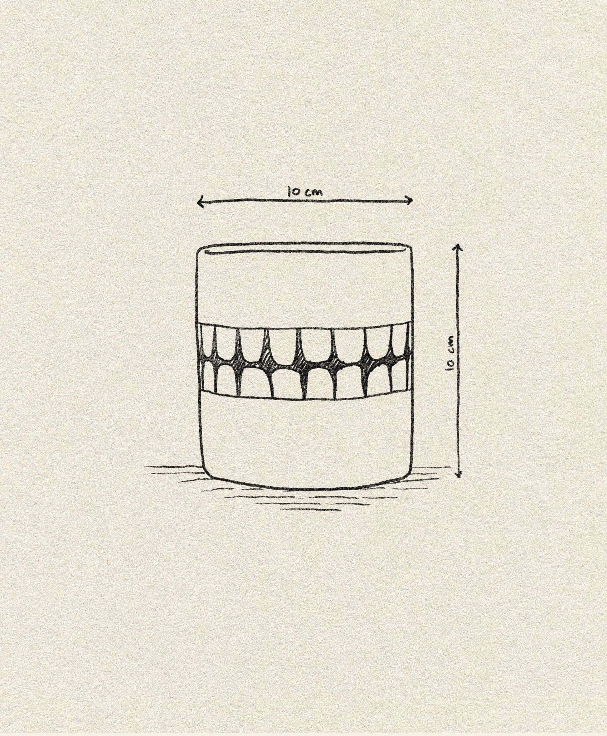 The Wobbly Studio Denture Pot by Wobbly Studio is a hand-drawn cylindrical piece, 10 cm tall and 10 cm wide, featuring a middle band of arch patterns against a textured beige paper background.