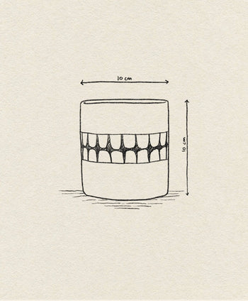 The Wobbly Studio Denture Pot by Wobbly Studio is a hand-drawn cylindrical piece, 10 cm tall and 10 cm wide, featuring a middle band of arch patterns against a textured beige paper background.
