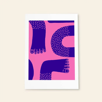 Wobbly Studio Footsie (A4) by Wobbly Studio is a playful abstract art print inspired by risography, featuring stylized purple and pink legs with textured patterns and toenails on a light beige background—perfect for standout posters.