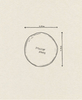 The Wobbly Studio Mini Plate - Fuckin Fuck by Wobbly Studio features a hand-drawn circle with curse words in the center and arrows showing its 12.5 cm diameter, all on a textured paper background.
