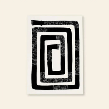 Wobbly Studio The Maze (50x70) is a minimalist screenprint showing a long black snake coiled in a rectangular spiral with alternating solid and patterned segments. Each unframed poster is signed and numbered by the artist.