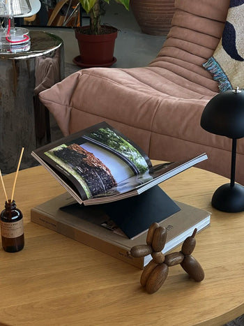 A coffee table features a wooden dog figurine, the baebsy Atlas Bookstand displaying an open photography book, a black lamp, a reed diffuser, and a brown couch with a blanket in the background.