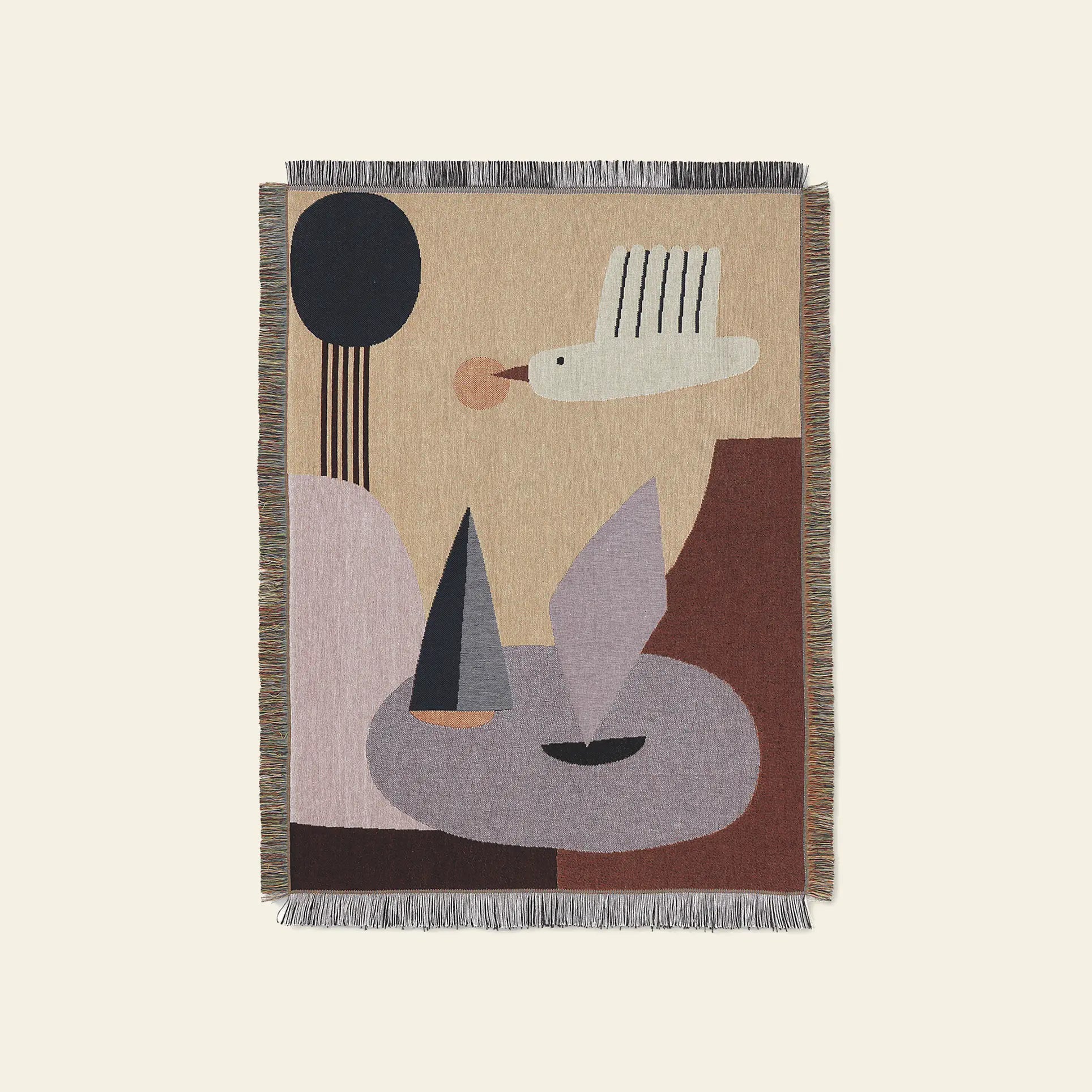 The ferm LIVING Bird Tapestry Blanket features a stylized bird, geometric trees, and soft abstract shapes in beige, black, mauve, and brown—ideal as kids room decor or for cozying up your living space.