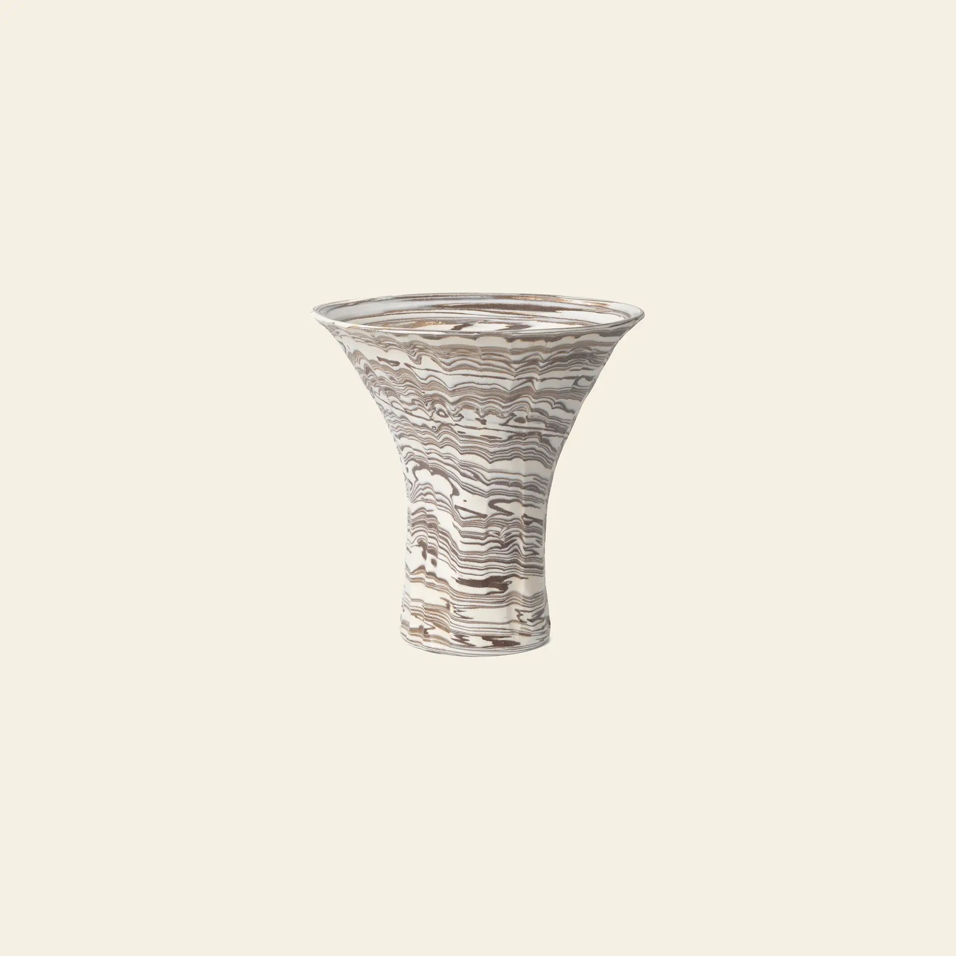 The ferm LIVING Blend Vase, Large by ferm LIVING is a wide, flared handcrafted vase with a narrow base, showcasing earthy brown and white marbled swirls, set against a simple light background.