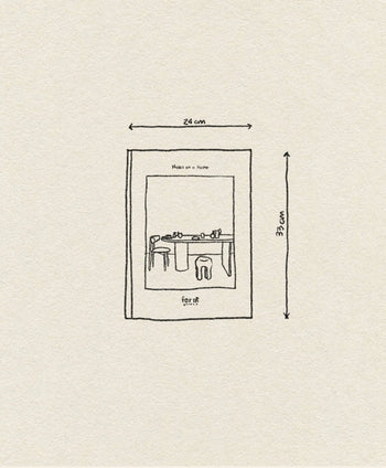 A hand-drawn illustration on the cover of the ferm LIVING Coffee Table Book 2023 features a table and stools with arrows indicating its 24 cm width and 33 cm height, all on a textured beige background reflecting ferm LIVING’s creative spirit.