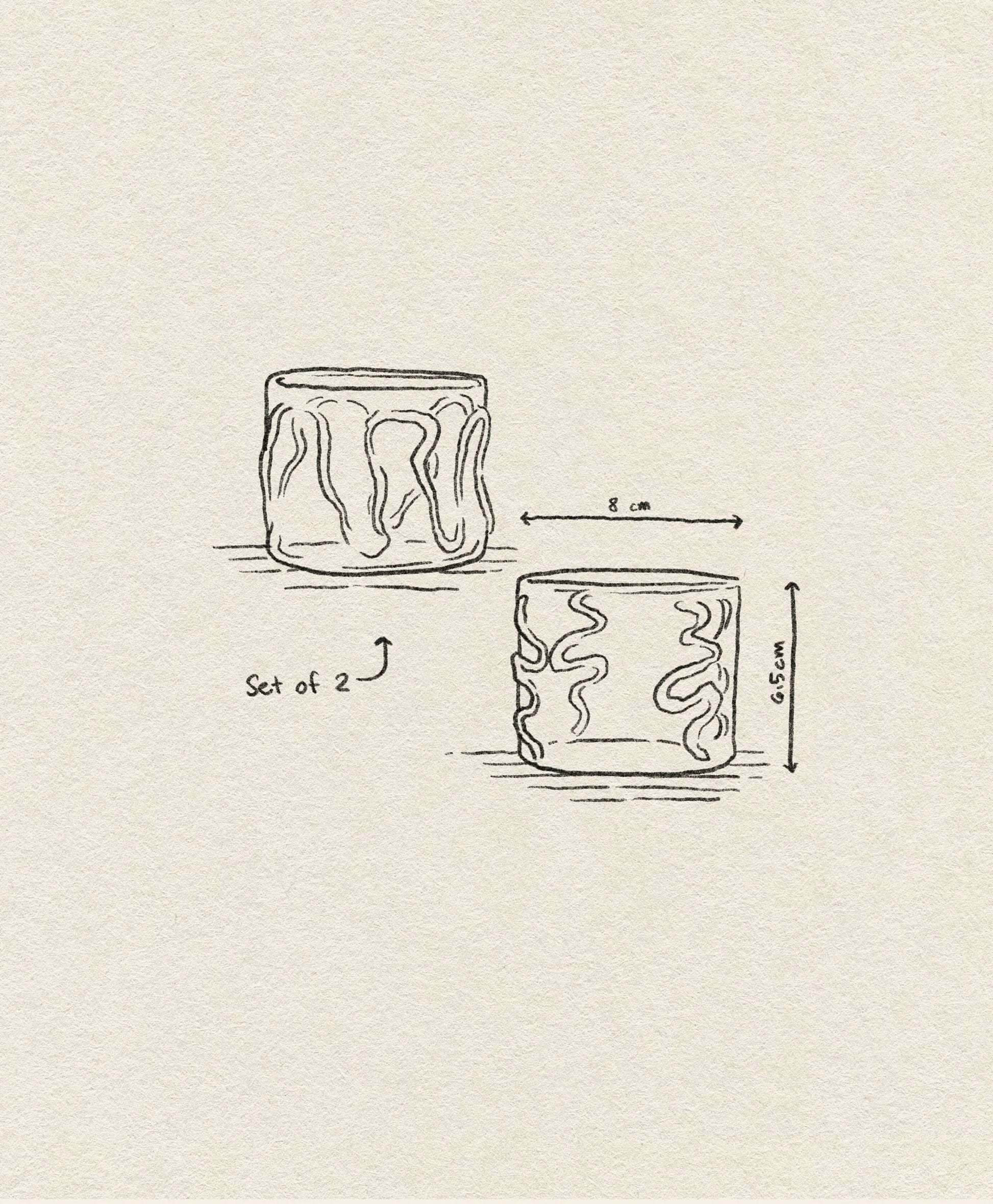 A hand-drawn sketch depicts the ferm LIVING Doodle Glasses Low, Set of 2—borosilicate glasses with unique wavy line patterns. One glass measures 8 cm in width and the other 6.5 cm in height.