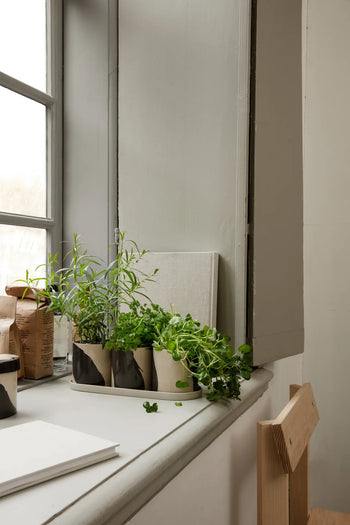 On a cozy windowsill, ferm LIVING Inlay Herb Pots with drainage holes cradle green herbs in patterned stoneware, placed beside a canvas, brown paper bag, and wooden chair by a bright window.
