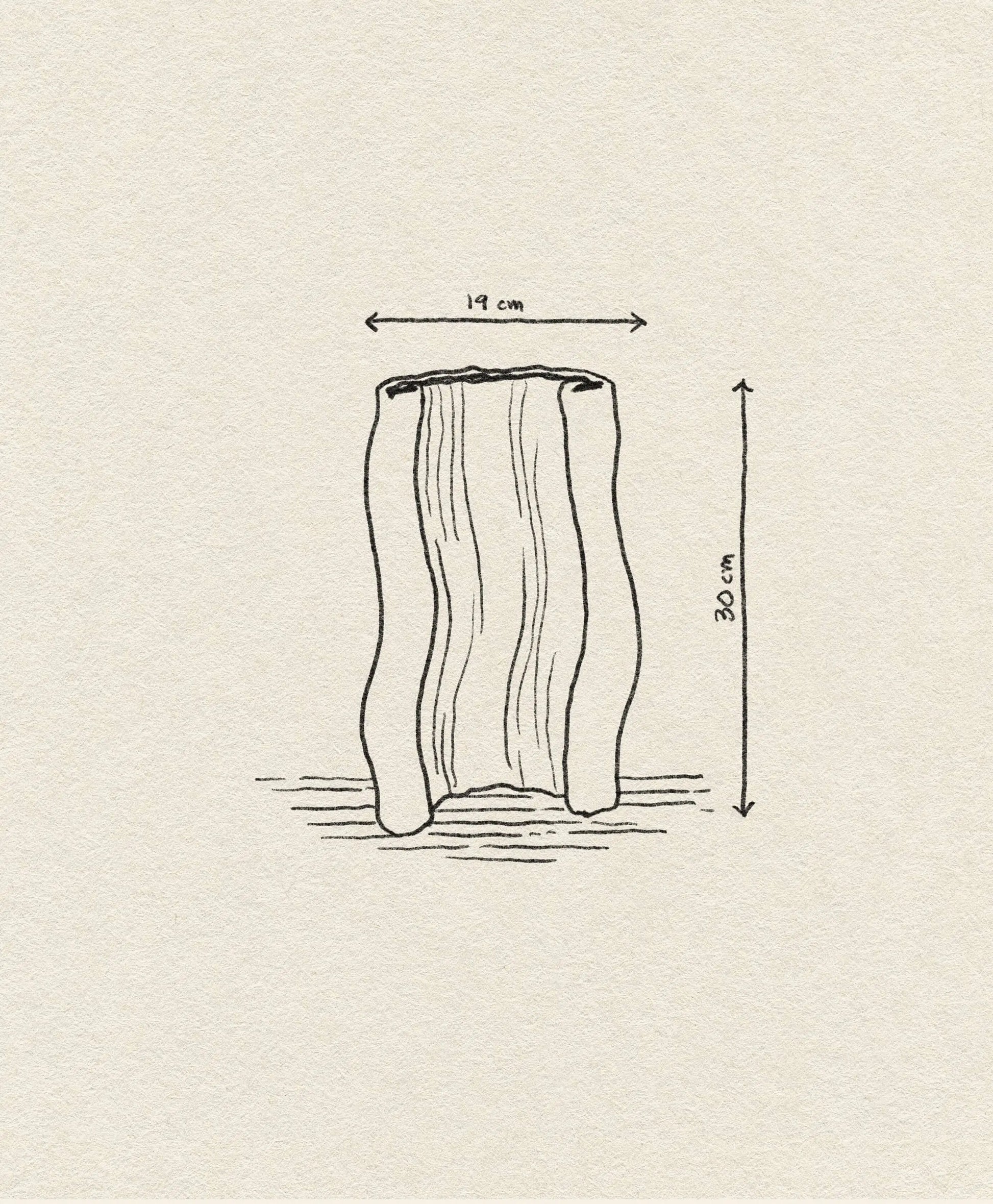 A hand-drawn sketch of the ferm LIVING Moire Vase by ferm LIVING, with arrows marking its dimensions: 19 cm wide and 30 cm tall. The elegant vase stands out against a textured beige background.