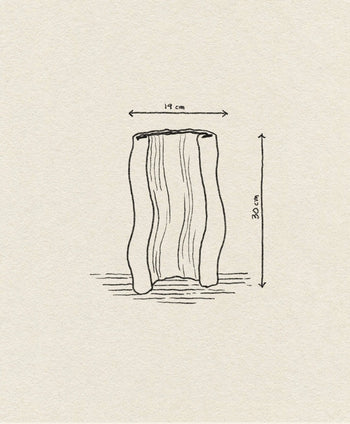 A hand-drawn sketch of the ferm LIVING Moire Vase by ferm LIVING, with arrows marking its dimensions: 19 cm wide and 30 cm tall. The elegant vase stands out against a textured beige background.