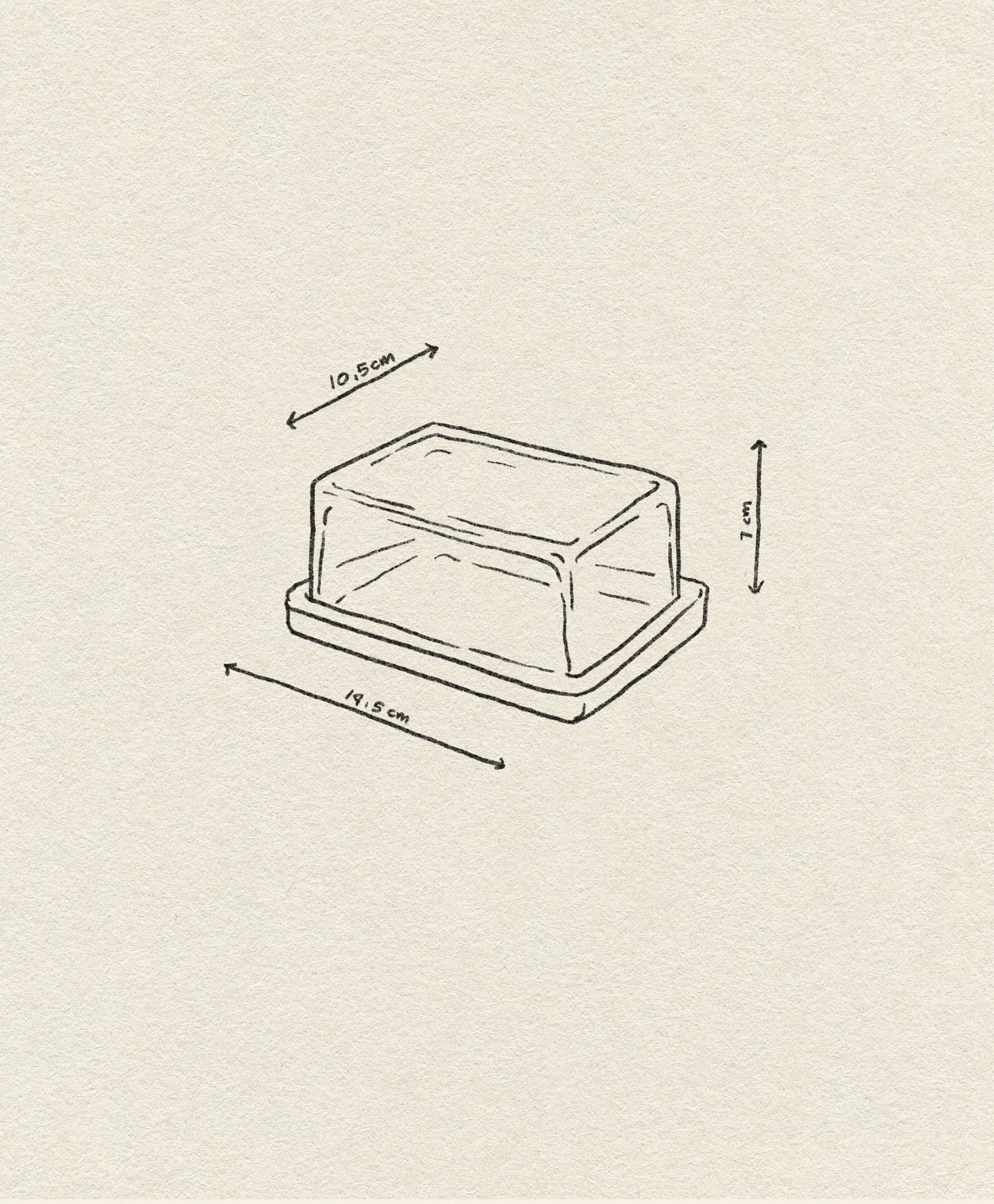 A simple line drawing of the ferm LIVING Oli Box, a rectangular butter dish with lid, labeled 10.5 cm tall, 17.8 cm long, and 8 cm wide on a textured beige background—crafted from recycled glass by ferm LIVING.