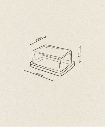 A simple line drawing of the ferm LIVING Oli Box, a rectangular butter dish with lid, labeled 10.5 cm tall, 17.8 cm long, and 8 cm wide on a textured beige background—crafted from recycled glass by ferm LIVING.