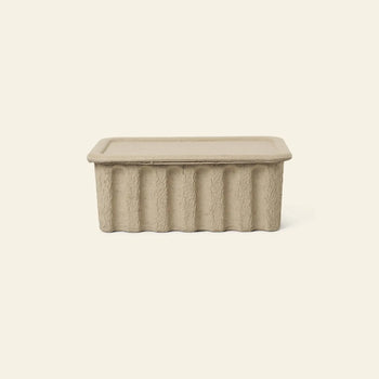 The ferm LIVING Paper Pulp Box Large, Set of 2, are rectangular beige storage containers crafted from recycled paper pulp with fitted lids, shown against an off-white background.