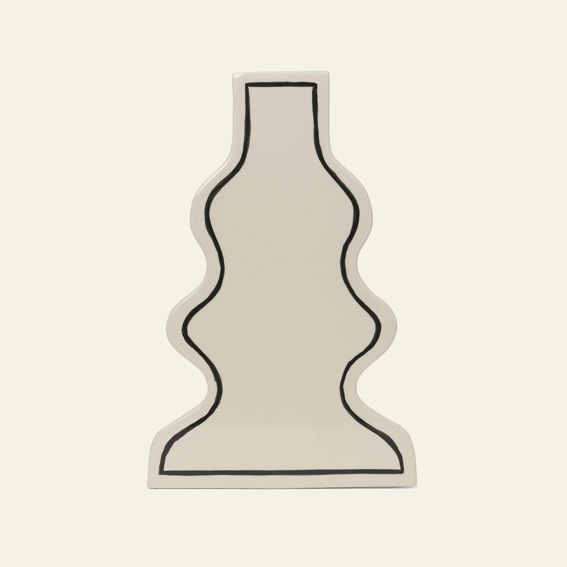 A flat, white ceramic tray by ferm LIVING, featuring a curvy, stylized outline of the Paste Vase in bold black, shown on a plain beige background.