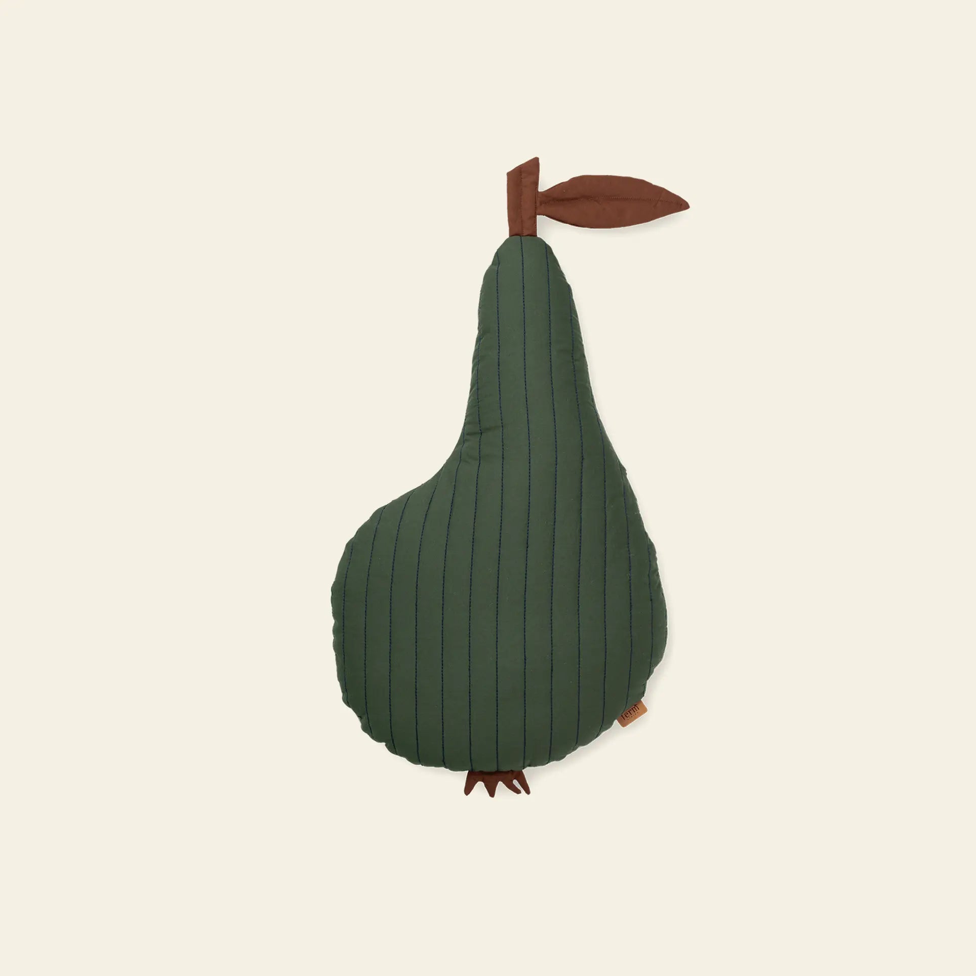 The ferm LIVING Pear Quilted Cushion features soft, dark green GOTS certified organic quilted cotton with thin black stripes, a brown stem, and a fabric leaf—designed by ferm LIVING.
