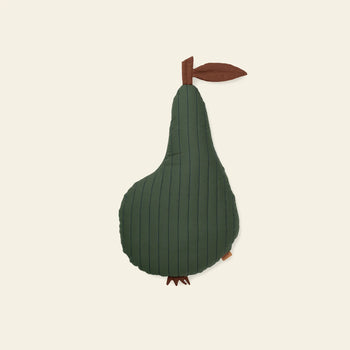 The ferm LIVING Pear Quilted Cushion features soft, dark green GOTS certified organic quilted cotton with thin black stripes, a brown stem, and a fabric leaf—designed by ferm LIVING.