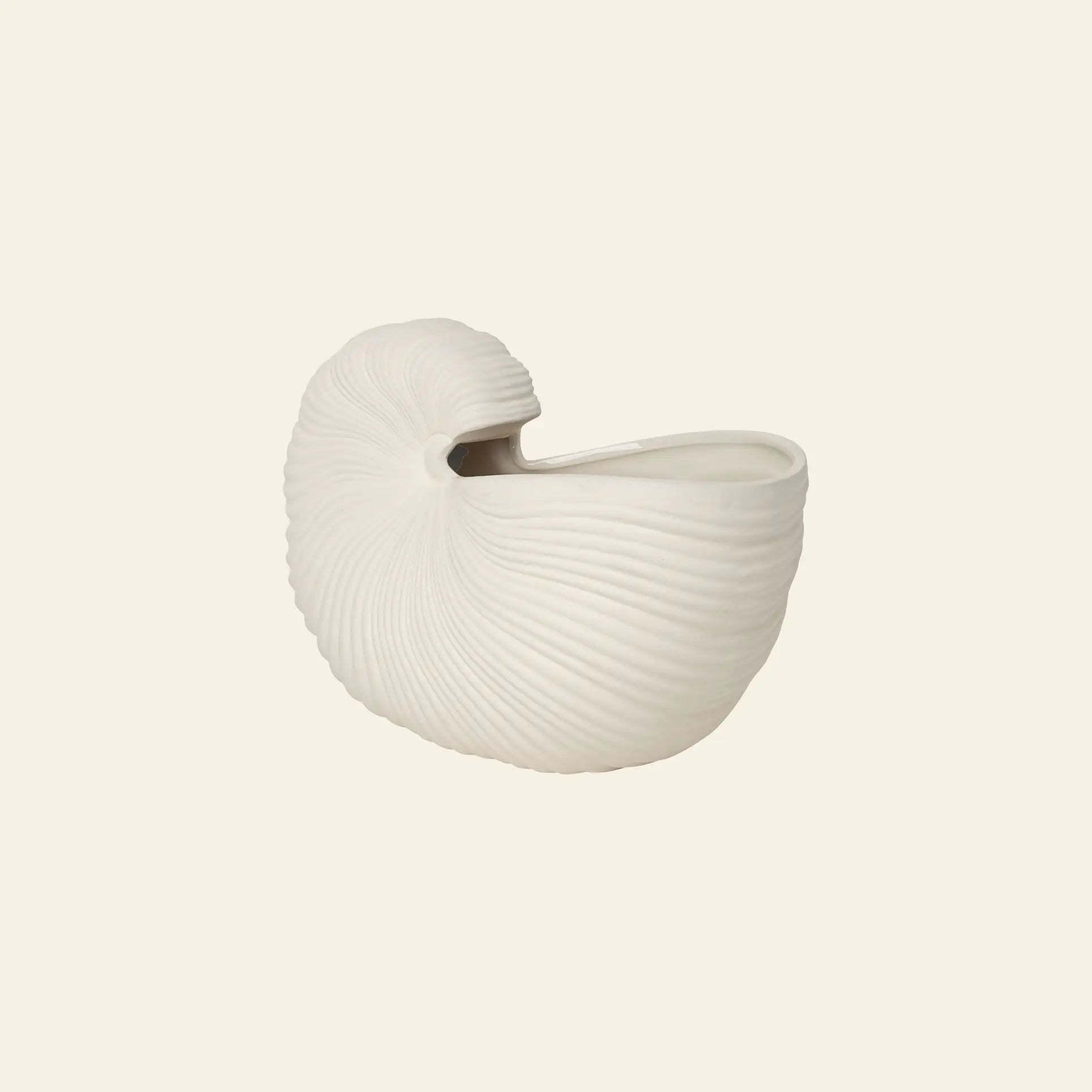 The ferm LIVING Shell Pot by ferm LIVING is a white ceramic pot with a nautilus shell shape, ridged texture, and modern design, shown against a plain light background.
