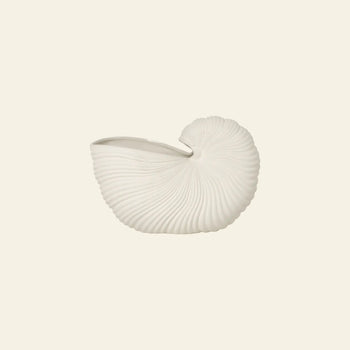 The ferm LIVING Shell Pot by ferm LIVING is a white ceramic vessel shaped like a nautilus shell, with textured ridges and a smooth finish, highlighted against a plain beige background.