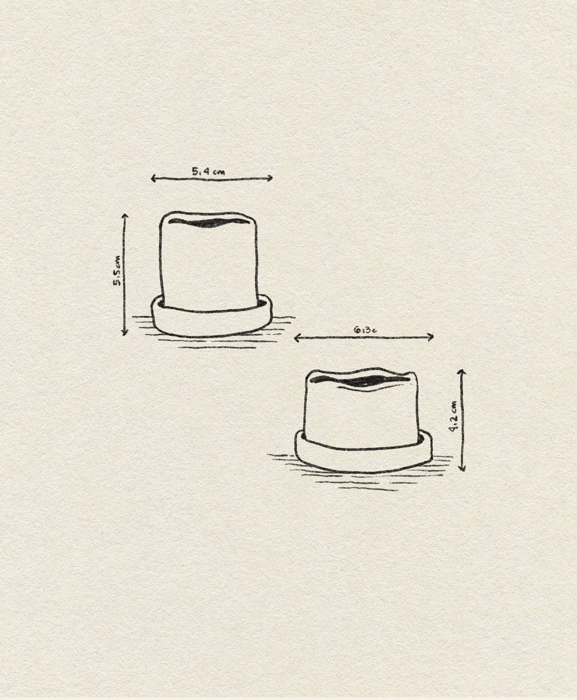 A simple line drawing shows two ferm LIVING Uneru Mini Pots—cylindrical stoneware pots with uneven tops, each labeled with their size: 5.4 x 5.5 cm and 6.3 x 4.2 cm—perfect as a unique plant gift.