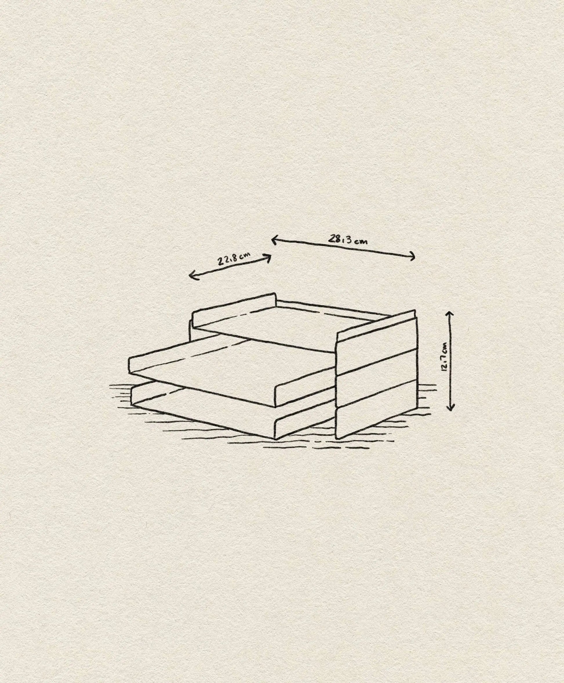 A line drawing of the ferm LIVING 2x2 Organizer, a rectangular wooden unit with two pull-out drawers (27.8 cm W x 27.9 cm D x 8.5 cm H) by ferm LIVING, displayed on a textured beige background—ideal for organizing desk essentials.