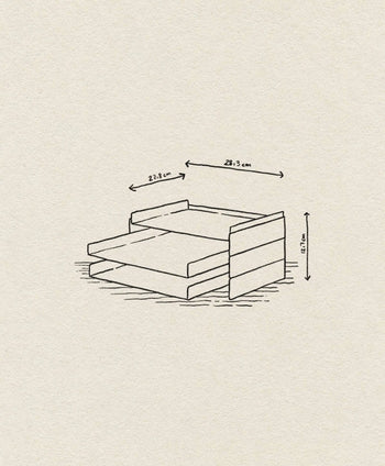 A line drawing of the ferm LIVING 2x2 Organizer, a rectangular wooden unit with two pull-out drawers (27.8 cm W x 27.9 cm D x 8.5 cm H) by ferm LIVING, displayed on a textured beige background—ideal for organizing desk essentials.