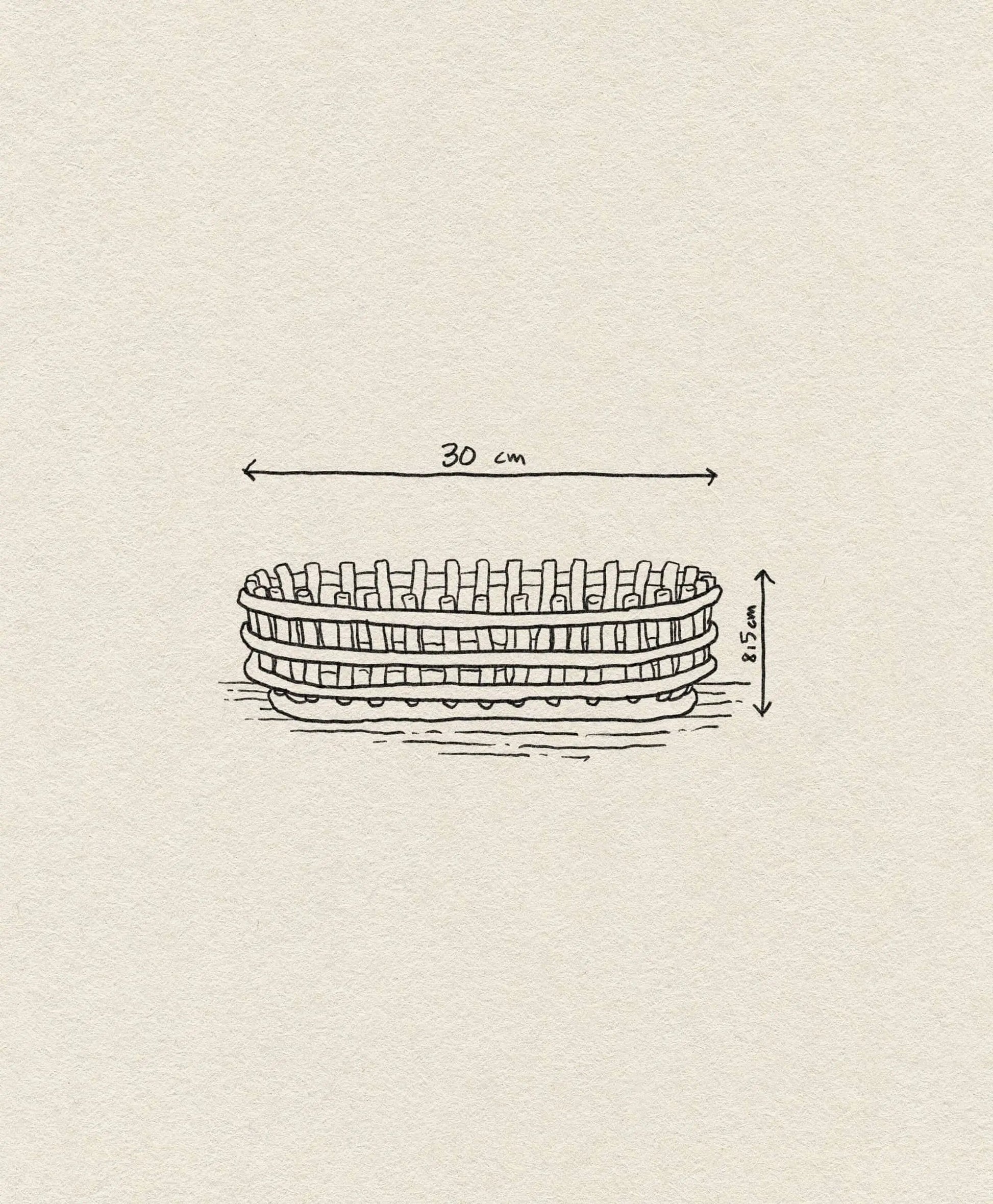 Hand-drawn illustration of the ferm LIVING Ceramic Basket Oval by ferm LIVING, featuring a contemporary design with dimensions labeled (30 cm long, 8.5 cm high) and an off-white background that enhances its modern look.