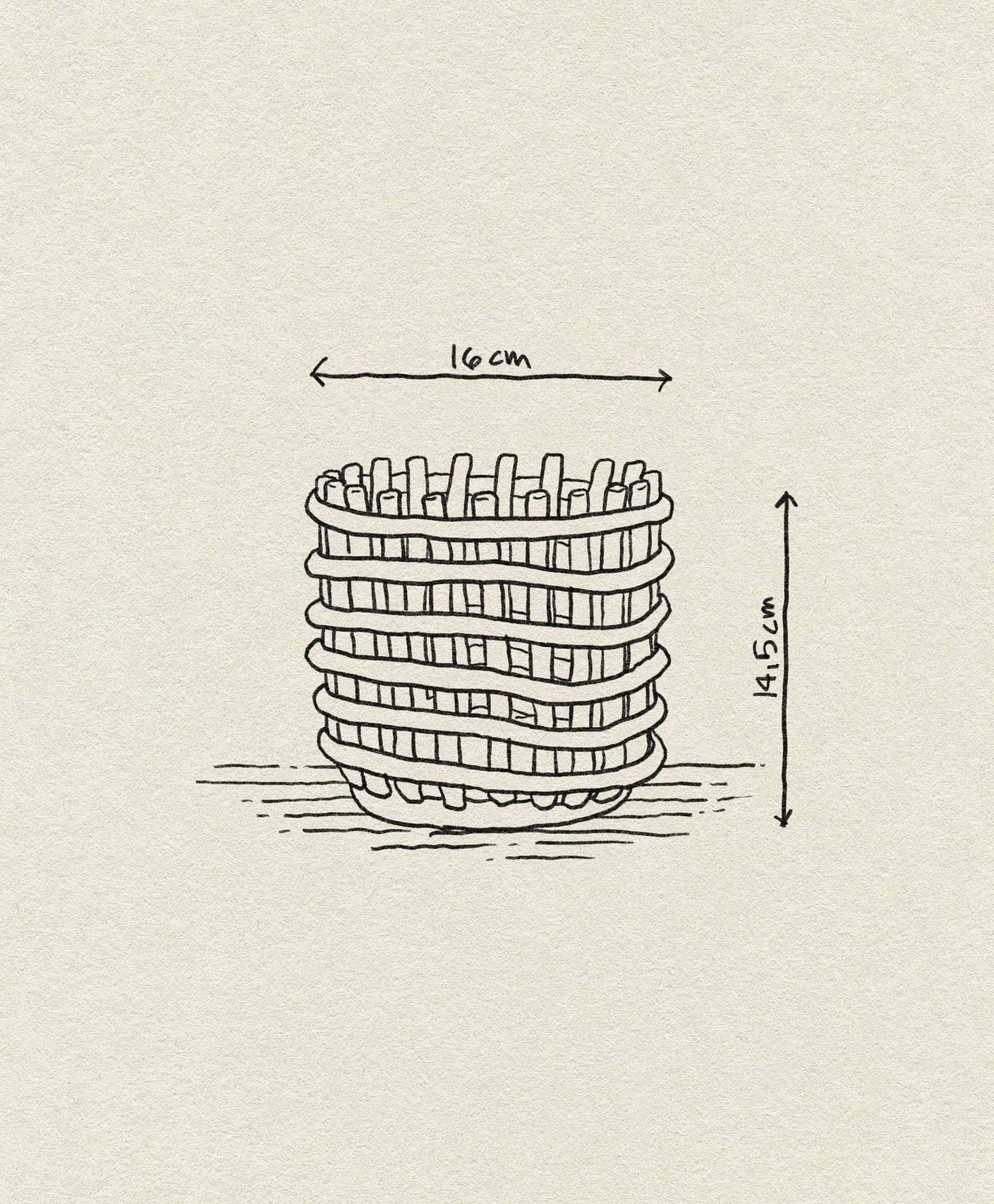 A hand-drawn illustration of the ferm LIVING Ceramic Basket, Small (16 cm wide, 14.5 cm tall), shown with measurement arrows and simple lines on a textured background—a charming glazed ceramic storage piece by ferm LIVING.