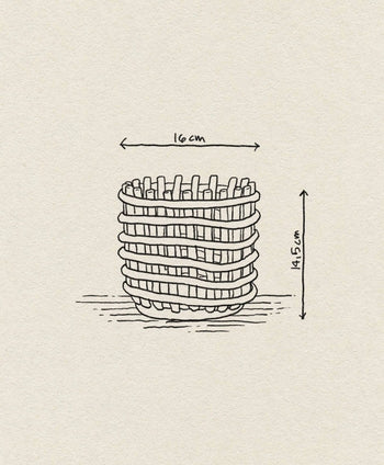 A hand-drawn illustration of the ferm LIVING Ceramic Basket, Small (16 cm wide, 14.5 cm tall), shown with measurement arrows and simple lines on a textured background—a charming glazed ceramic storage piece by ferm LIVING.