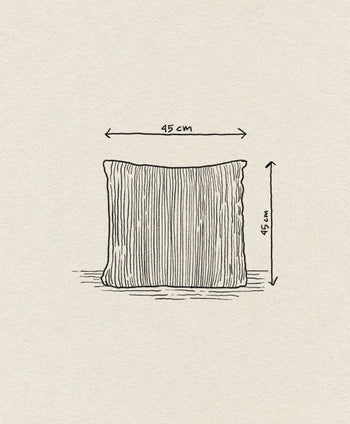 A simple line drawing of the ferm LIVING Corduroy Cushion, a square pillow (45x45 cm) with vertical Corduroy-style stripes. Arrows and labels show measurements above and beside it, set against a textured off-white background.
