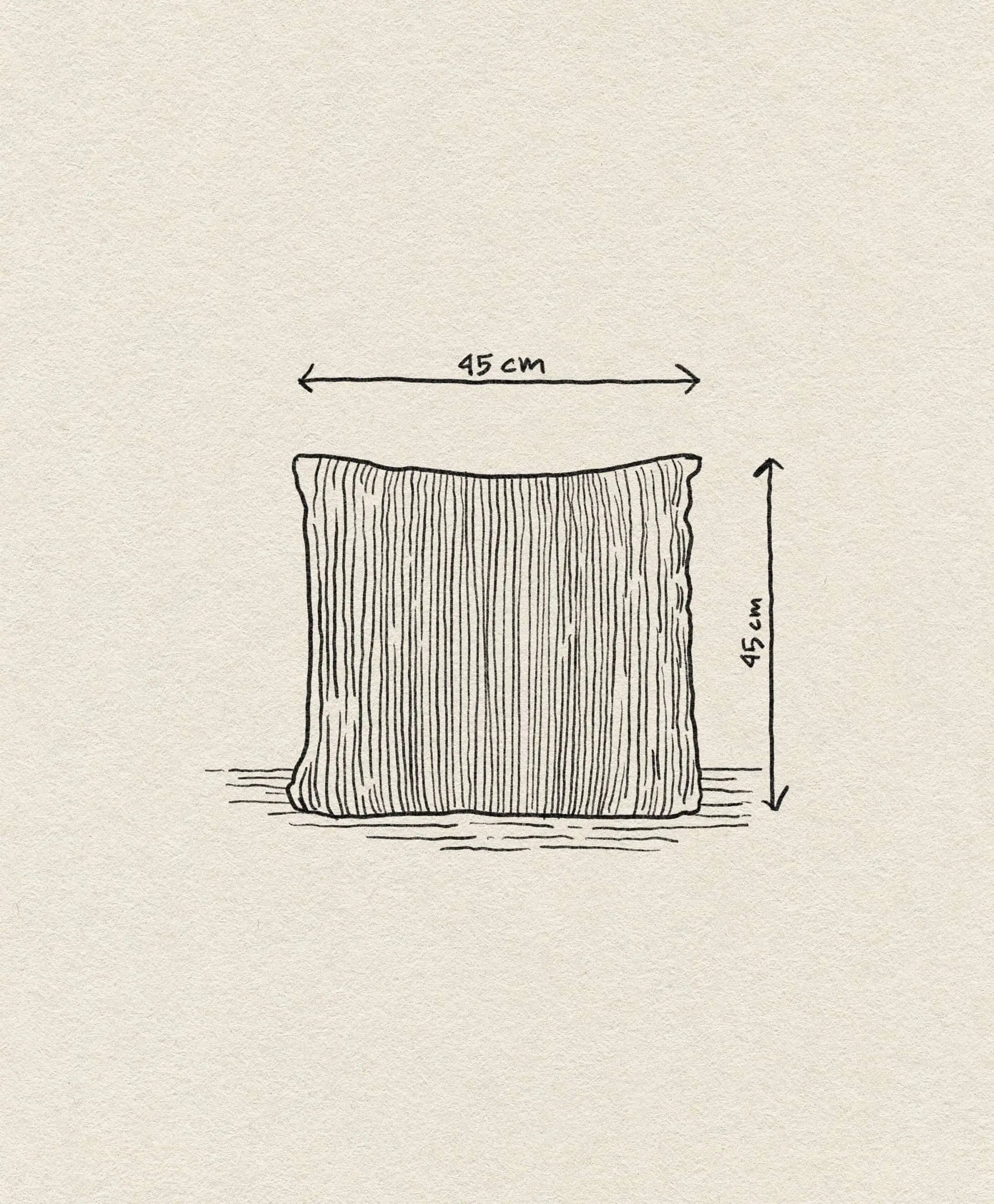 A hand-drawn illustration of the ferm LIVING Corduroy Cushion, 45x45 cm, featuring vertical corduroy lines and labeled arrows marking width and height, all displayed on a textured background.