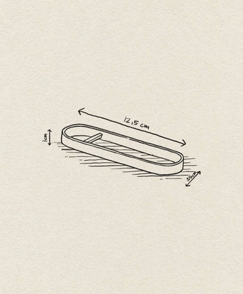 A minimalist sketch of the ferm LIVING Fein Bottle Opener by ferm LIVING, highlighted with measurement arrows and labels on a textured background—ideal for a contemporary kitchen.