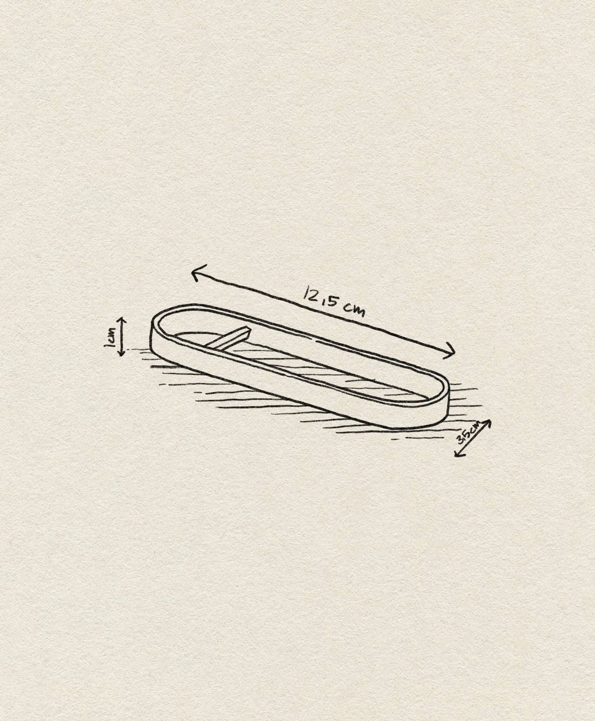 A sketch of the ferm LIVING Fein Bottle Opener with a minimalist design, measuring 12.5 x 1.5 x 0.8 cm, drawn on textured paper. Arrows highlight the dimensions—perfect for a contemporary kitchen from ferm LIVING.