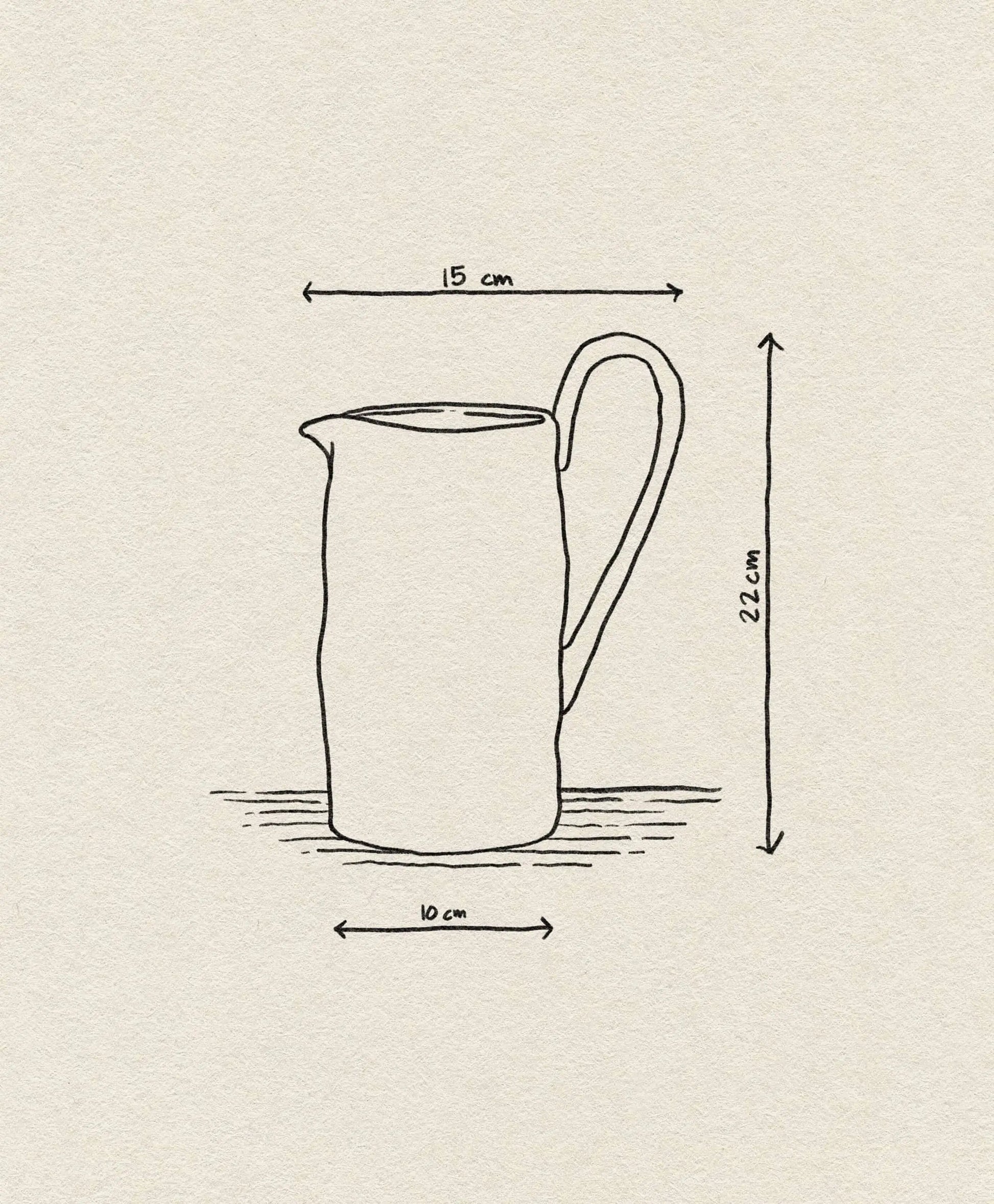 A hand-drawn sketch of the ferm LIVING Flow Jug by ferm LIVING, featuring a handle and labeled measurements: 15 cm wide (top), 22 cm tall, and 10 cm wide (base), displayed on textured paper—ideal for stylish kitchen decor.