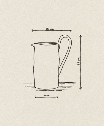 A hand-drawn sketch of the ferm LIVING Flow Jug by ferm LIVING, featuring a handle and labeled measurements: 15 cm wide (top), 22 cm tall, and 10 cm wide (base), displayed on textured paper—ideal for stylish kitchen decor.