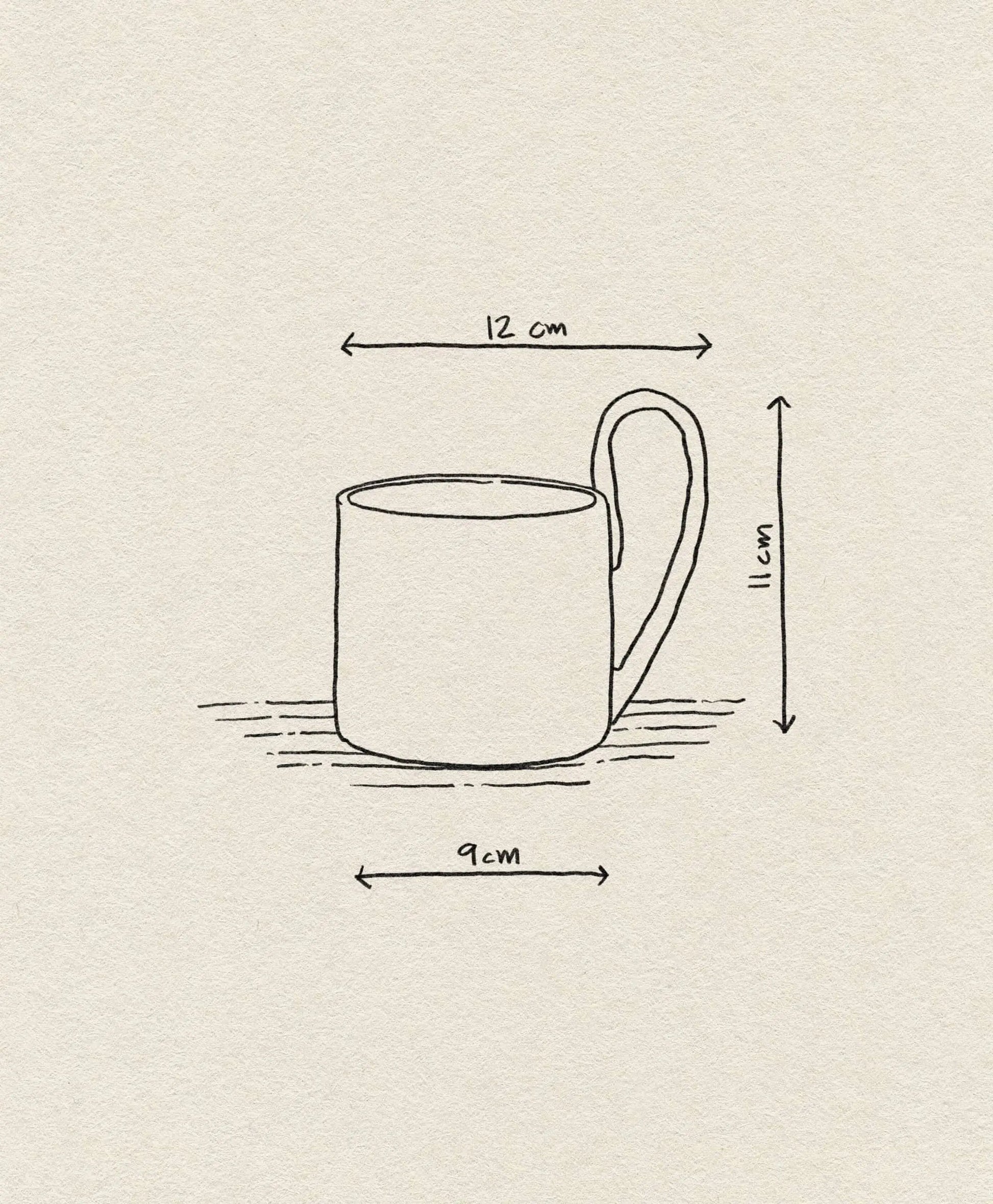A simple line drawing of the ferm LIVING Flow Mug, measuring 12 cm wide with handle, 9 cm without, and 11 cm tall. Its minimalist style from ferm LIVING stands out against a light textured background.