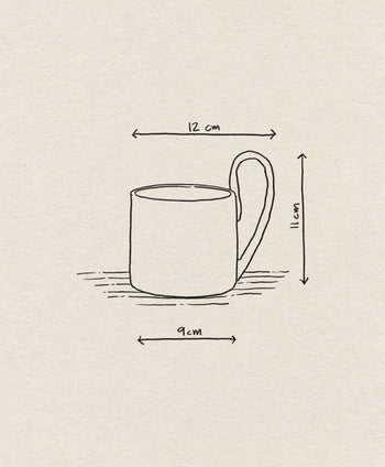 A line drawing of the ferm LIVING Flow Mug shows dimensions: 12 cm wide with handle, 9 cm diameter, and 11 cm tall. Arrows label the measurements on a textured background, emphasizing its minimalist style.