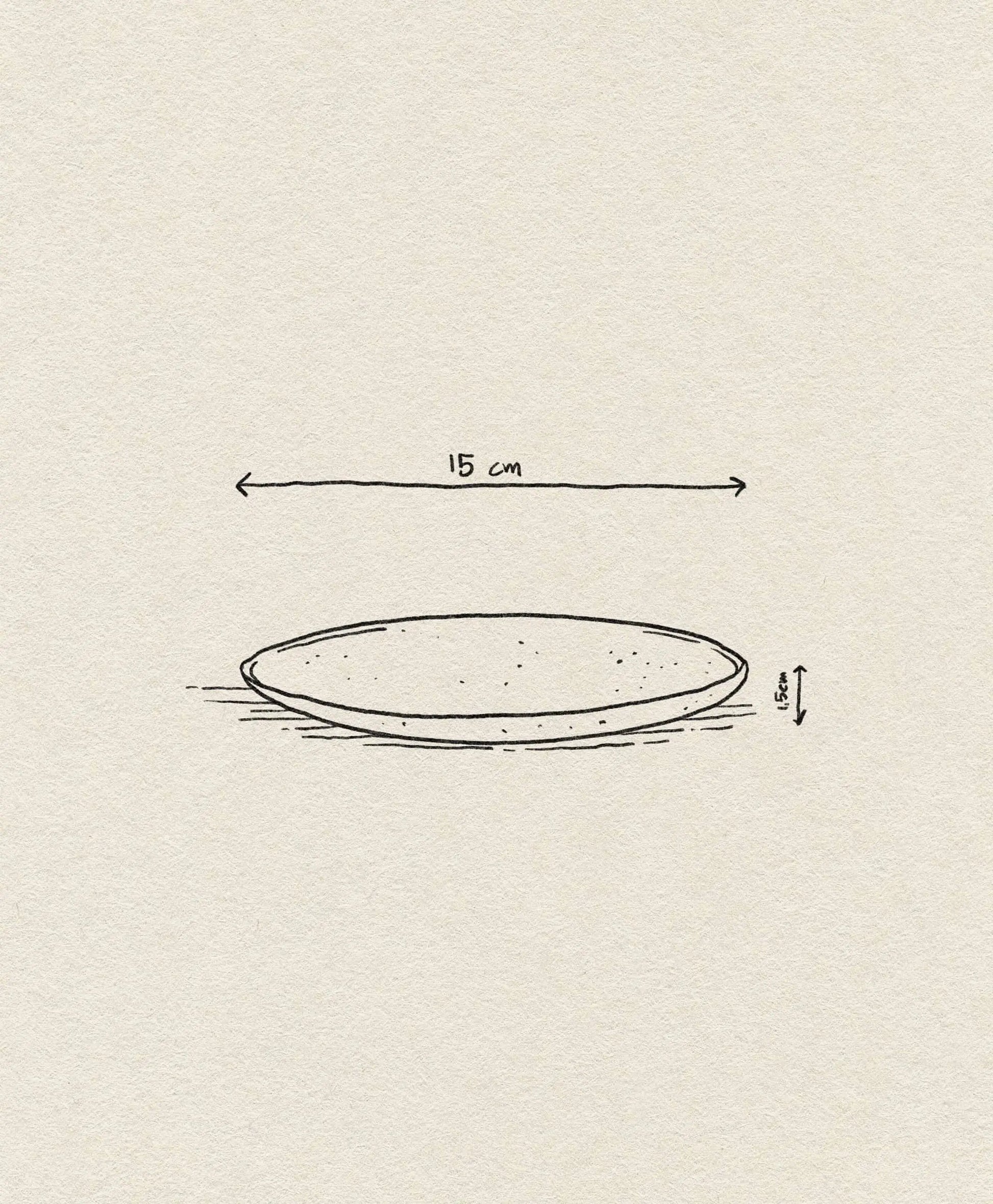 A simple side-view line drawing of the ferm LIVING Flow Plate, Small (15 cm wide, 1.5 cm tall), with labeled dimensions on a light textured paper background.