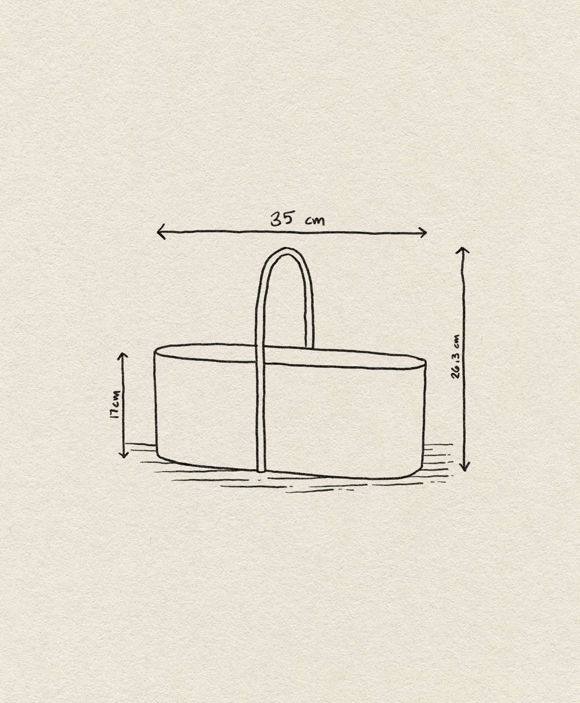 A simple line drawing of the ferm LIVING Grib Toolbox, a slim oval basket with handle, perfect as a stationery organizer; measuring 35 cm long, 17 cm high at the side, and 36.3 cm high including handle. Off-white background highlights its design.