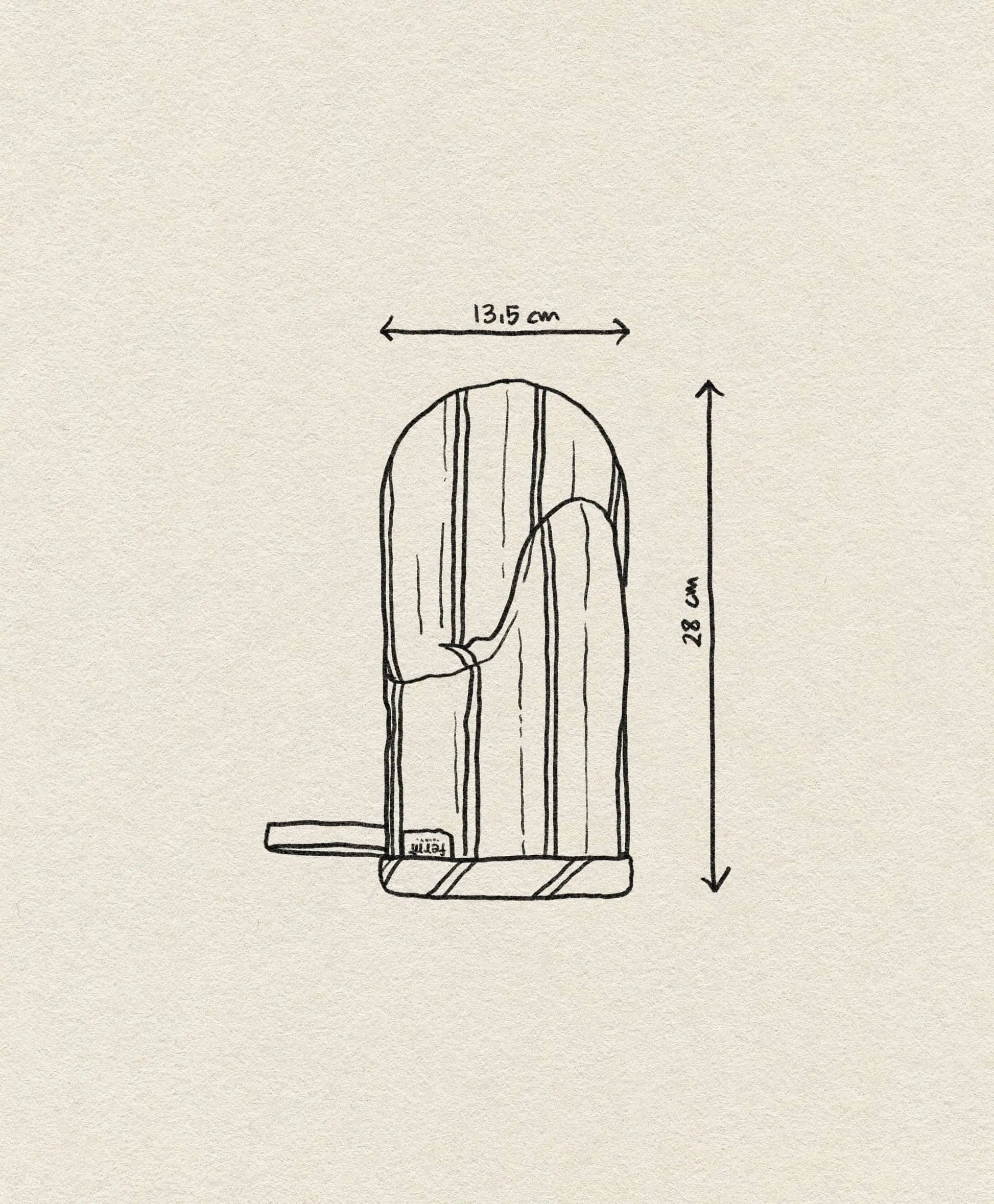A hand-drawn side view of the ferm LIVING Hale Oven Mitt, curvy and vertical with a flat base. Height: 28 cm, width: 13.5 cm. Sketch on textured off-white paper and labeled ferm LIVING.