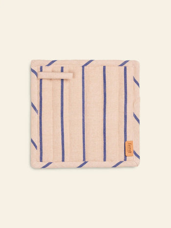 The ferm LIVING Hale Pot Holders, Set of 2, are rectangular beige holders with vertical blue stripes, a geometric print, a top left hanging loop, and a branded brown fabric tag—an elegant touch for any kitchen.