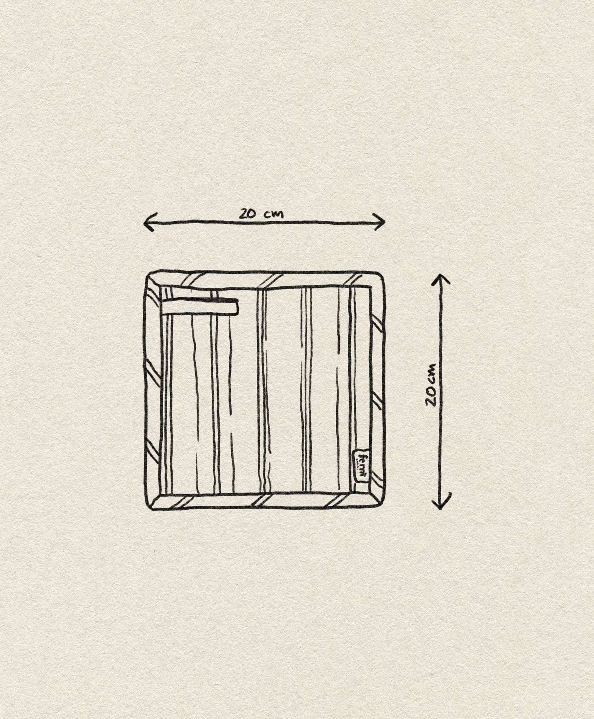 A hand-drawn illustration of a square wooden tray (20 x 20 cm) with visible wood grain and a small label—perfect for displaying your ferm LIVING Hale Pot Holders, Set of 2, or as a stylish accent for your kitchen.