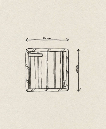 A hand-drawn illustration of a square wooden tray (20 x 20 cm) with visible wood grain and a small label—perfect for displaying your ferm LIVING Hale Pot Holders, Set of 2, or as a stylish accent for your kitchen.