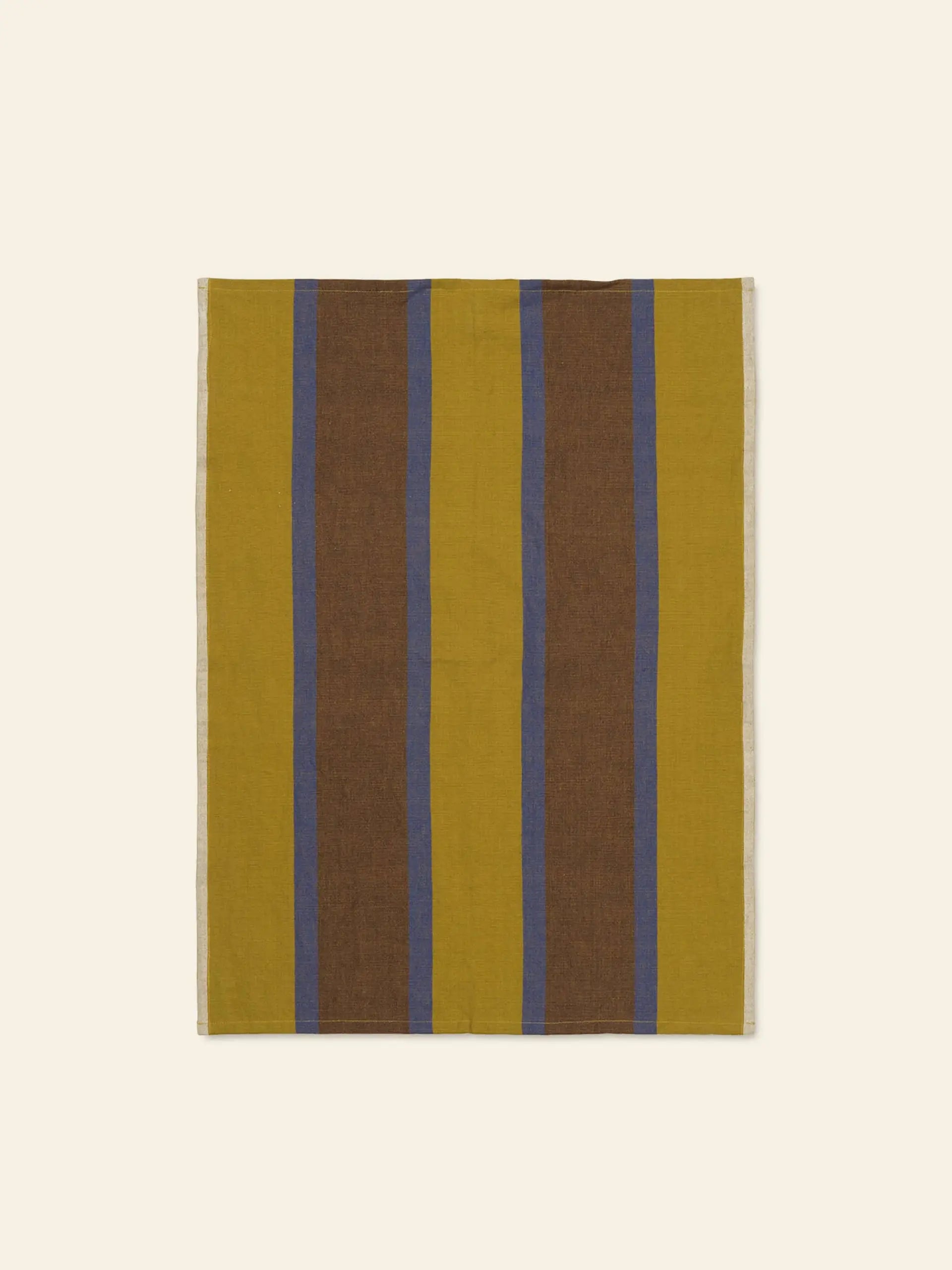 The ferm LIVING Hale Tea Towel by ferm LIVING features vertical stripes in mustard yellow, brown, and blue, shown flat on a light beige background.