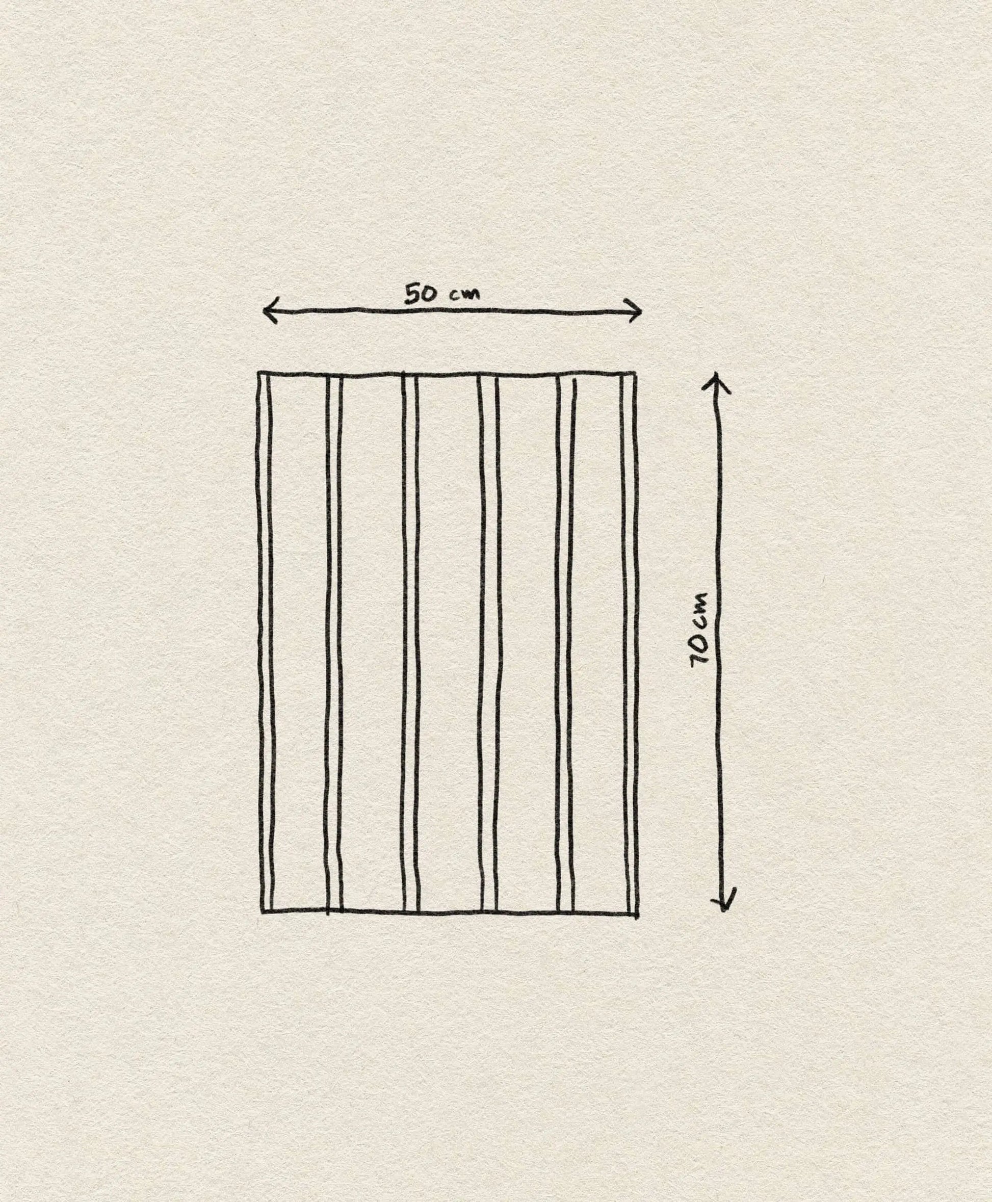 A hand-drawn rectangle divided into six vertical sections, labeled with arrows showing 50 cm width and 70 cm height, appears on a textured background, illustrating the size of the ferm LIVING Hale Tea Towel by ferm LIVING.