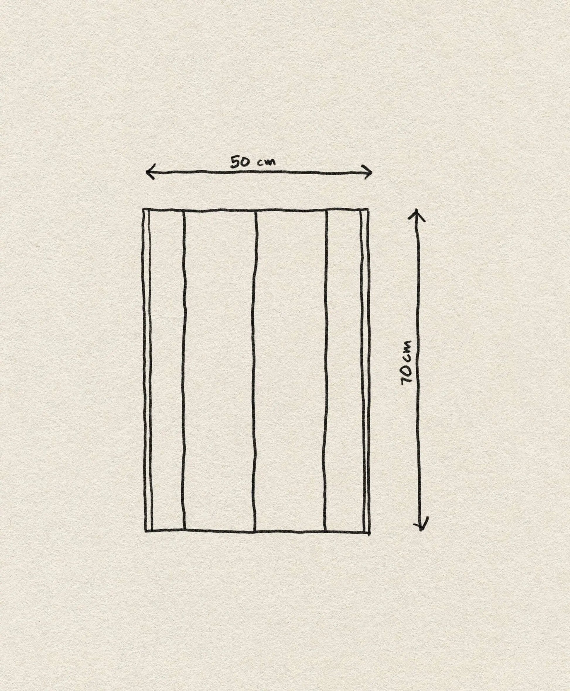 The ferm LIVING Hale Tea Towel by ferm LIVING is shown as a hand-drawn rectangle (50 cm x 70 cm) split into four vertical sections, with labeled arrows marking dimensions on a textured background.
