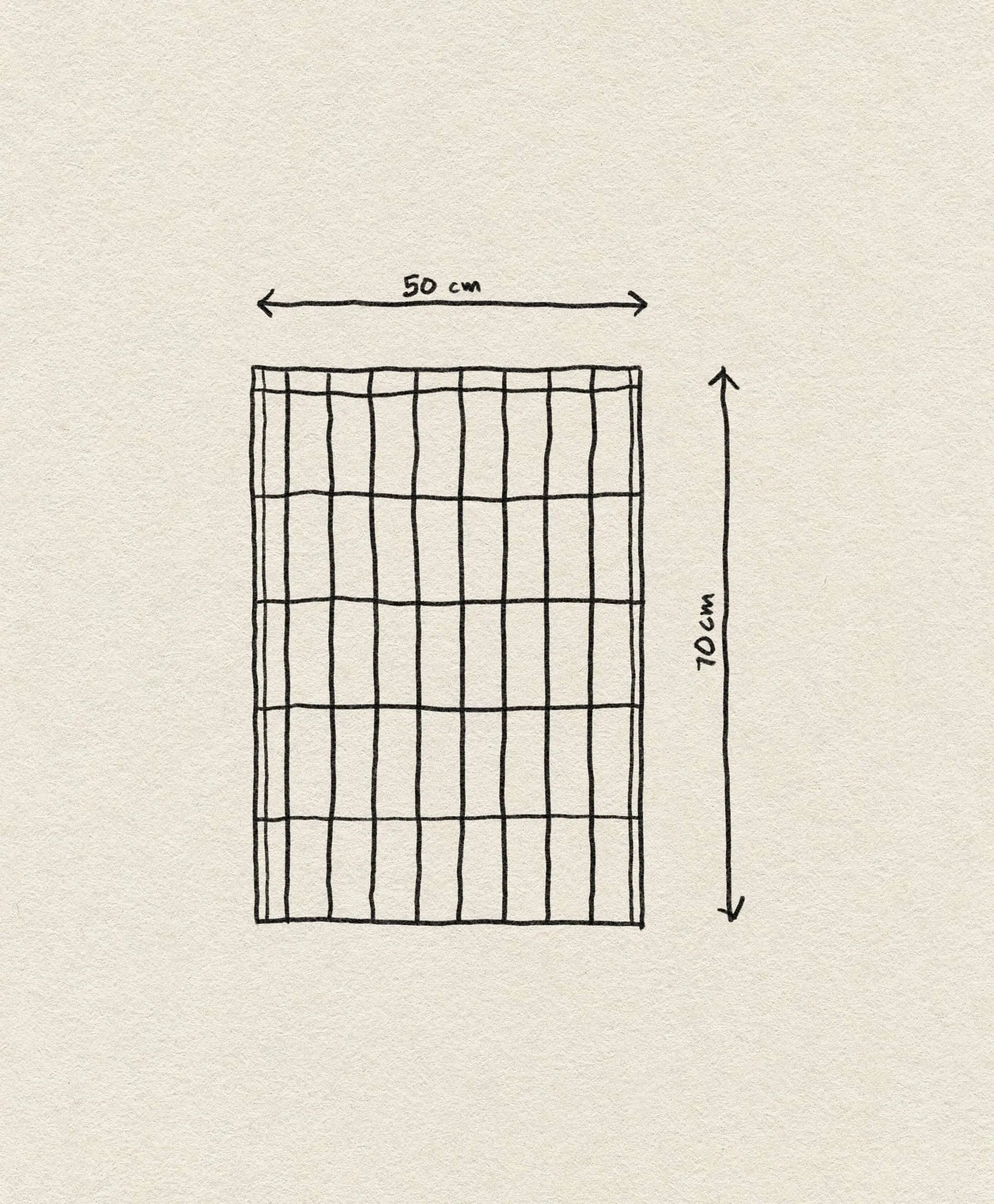 The ferm LIVING Hale Tea Towel features a hand-drawn rectangular grid design measuring 50 cm wide by 70 cm tall on an off-white background.