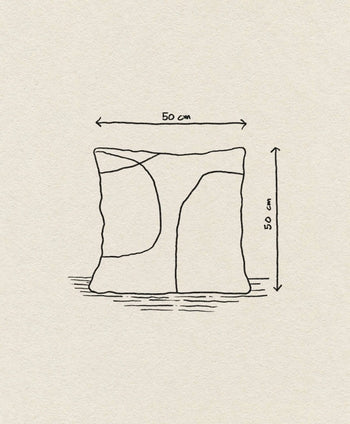A simple line drawing of the ferm LIVING Kelim Cushion by ferm LIVING, in Scandi style with abstract curved lines and dimensions of 50 x 50 cm indicated by arrows for width and height.