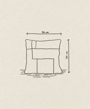 Line drawing of the ferm LIVING Kelim Cushion, a geometric Scandi-style patchwork pillow by ferm LIVING, shown as a 50 x 50 cm square on light textured paper with size indicated by arrows and labels.